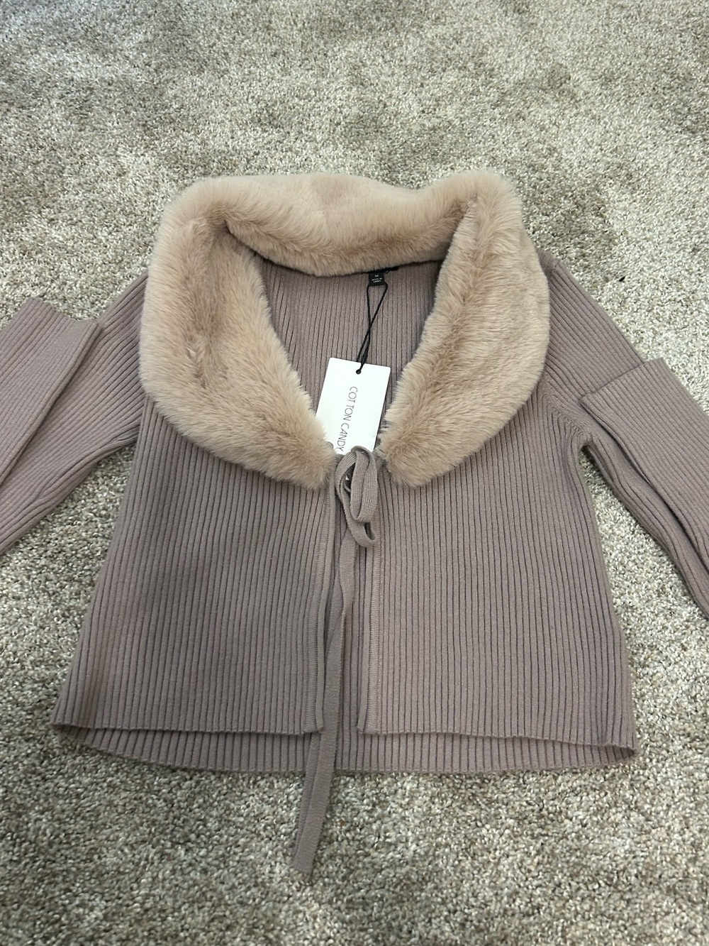 Cotton Candy Ribbed Knit Cardigan with Plush Fur Trim - Taupe